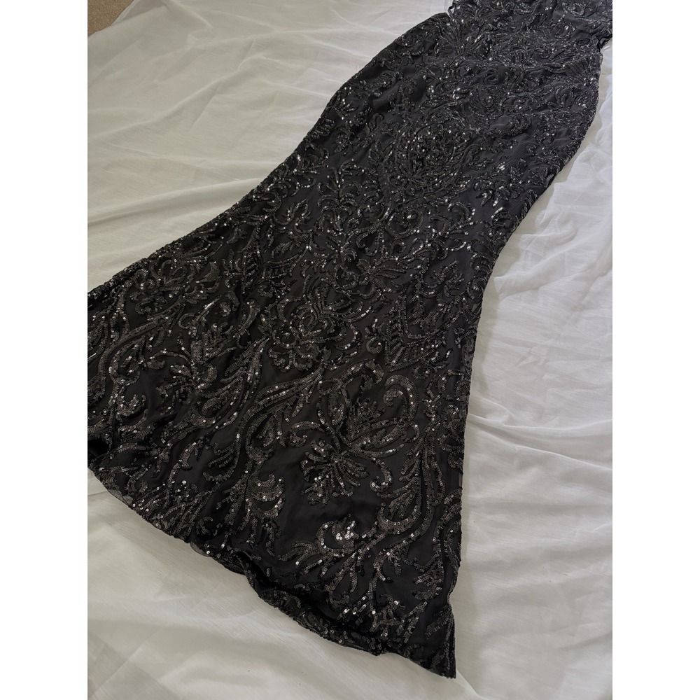 Windsor Black Sequin Lace-Up Spaghetti Strap Long Mermaid Formal Prom Gown M - Picture 2 of 14